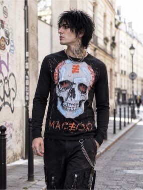 NWT MACEOO Paris Black Mens Long Sleeve SKULLPINK Tee Sz L
